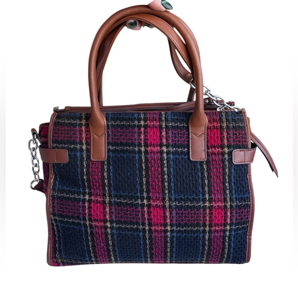 Plaid Wool Blend Satchel Handbag with Brown Faux Leather Trim — Great Storage! - Picture 2 of 8
